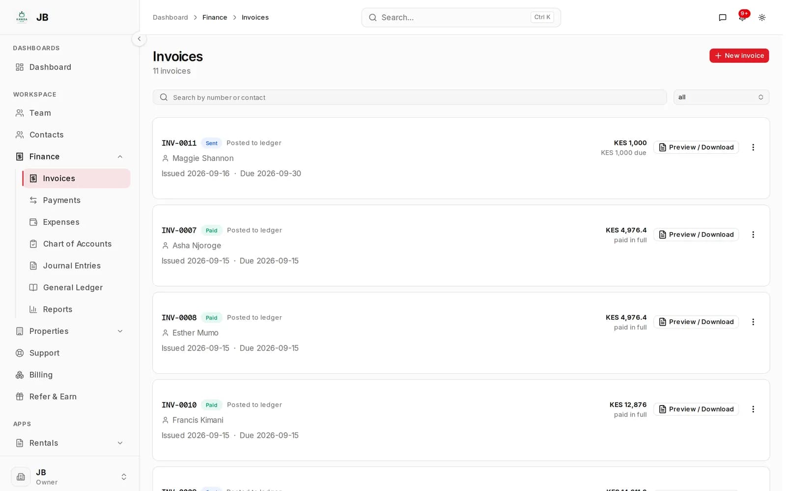 Invoice list with sent and paid invoices, each marked as posted to the ledger