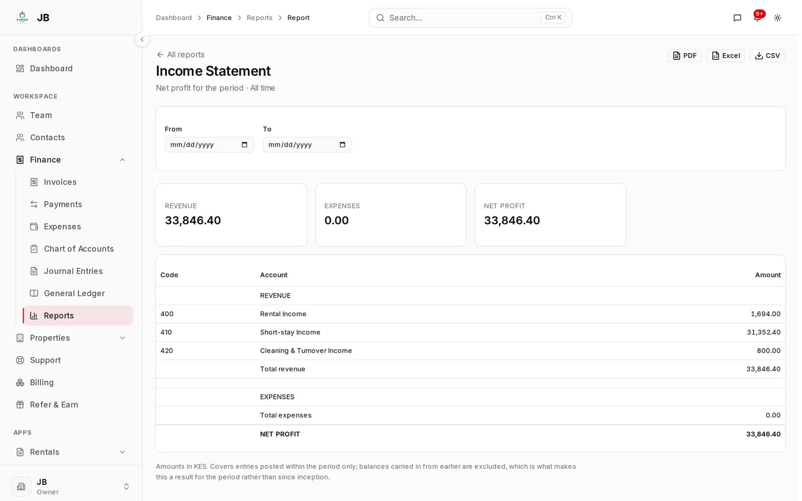 Income statement report with revenue, expenses and net profit, downloadable as PDF, Excel or CSV